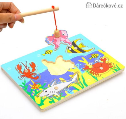 Magnetické dřevěné puzzle Rybolov | Dětská rybářská hra s prutem