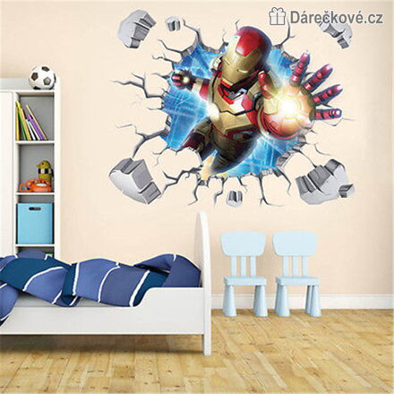 Samolepka na zeď Iron Man v rozbité zdi 60x40 cm | dekorace do dětského pokoje