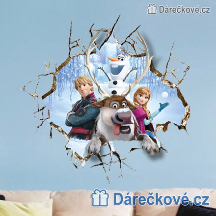 Samolepka Ledové království – Sven, Olaf, Kristoff a Anna v rozbité zdi