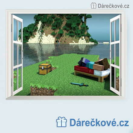 Minecraft pohled oknem samolepka na zeď 60x45 cm | Herní dekorace do pokojíčku
