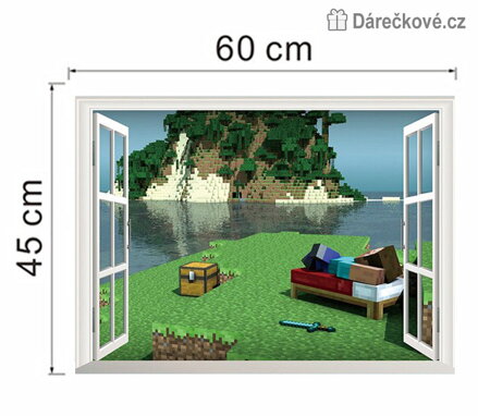 Minecraft pohled oknem samolepka na zeď 60x45 cm | Herní dekorace do pokojíčku