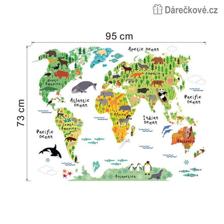 Mapa světa samolepka na zeď 95 × 73 cm | do dětského pokoje