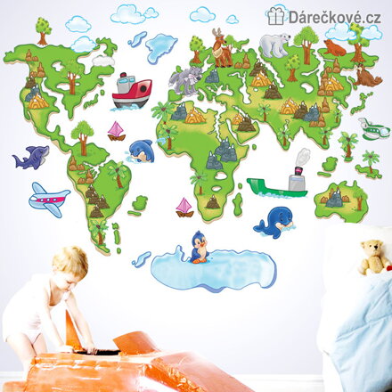 Kreslená mapa světa samolepka na zeď 120 × 80 cm | Dětská dekorace do pokoje