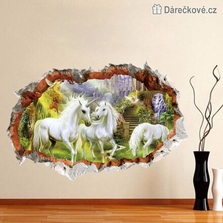 Samolepka na zeď Jednorožci v rozbité zdi 70x50 cm | 3D dekorace