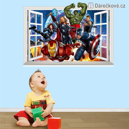 Avengers v okně, samolepka na zeď, vel. 70x50 cm