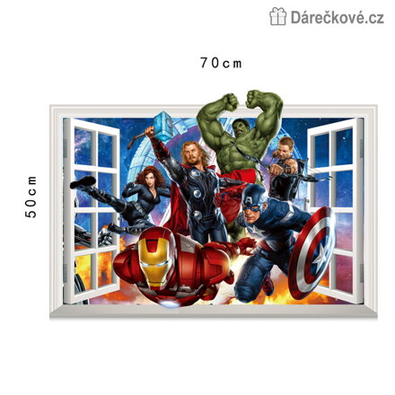 Avengers v okně, samolepka na zeď, vel. 70x50 cm