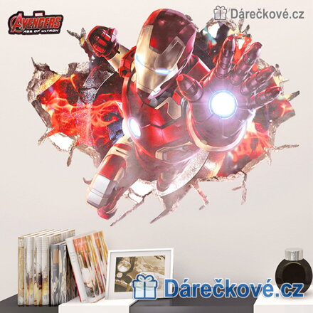 Samolepka na zeď Iron Man v rozbité zdi 70x50 cm | dekorace do dětského pokoje
