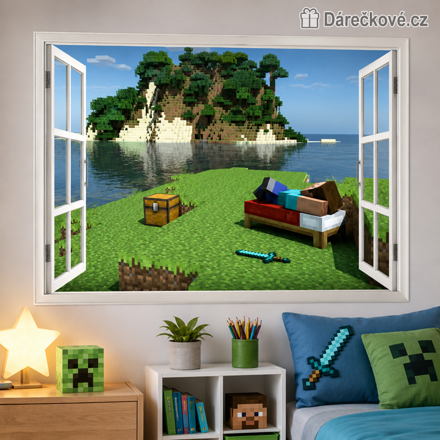 Minecraft pohled oknem samolepka na zeď 60x45 cm | Herní dekorace do pokojíčku