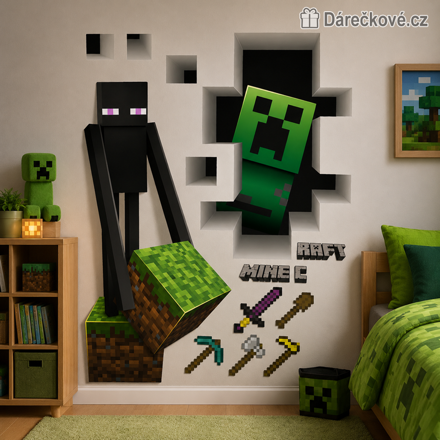 3D samolepka Minecraft Enderman Creeper a nářadí 70 × 50 cm