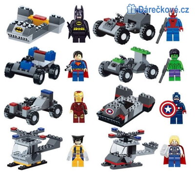 Super hrdinové 8 figurek + 8 vozidel, kompatibilní s Lego