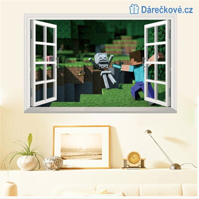3D samolepka Minecraft v  okně, 70x50 cm