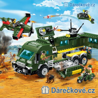 Vojenský rozkládací náklaďák, letadlo a motorka, 446 dílků (stavebnice typu Lego)