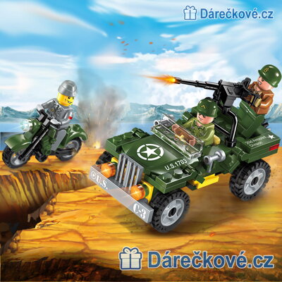 Vojenský americký Jeep s motorkou, 99 dílků (stavebnice typu Lego)