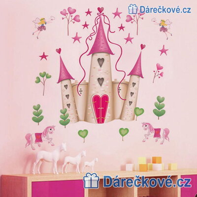 Růžový kreslený hrad, samolepka na zeď, vel. 90x60 cm
