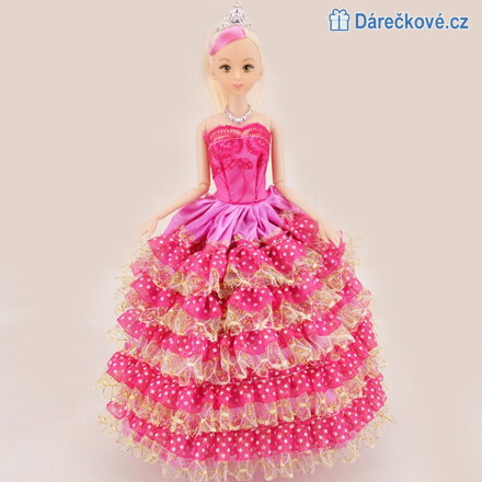 Krásná blonďatá panenka sytě růžovými šaty, 30cm