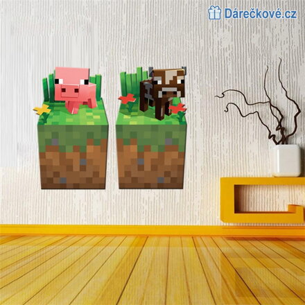 3D samolepka Minecraft  prasete a kráva, vel.70x50 cm