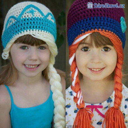 Háčkovaná čepice s copy princezny Elza a Anna z Ledového království (Frozen)