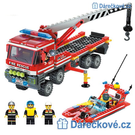 Hasičský jeřáb a člun, 417 dílků (stavebnice typu Lego)