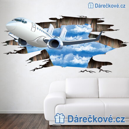 Dopravní letadlo ve zdi, samolepka na zeď, vel. 90x60 cm
