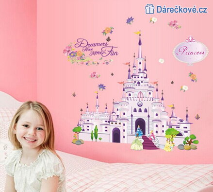 Růžový kreslený hrad, samolepka na zeď, vel. 70x50 cm