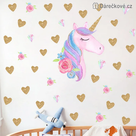 Jednorožec se srdíčky, samolepka na zeď