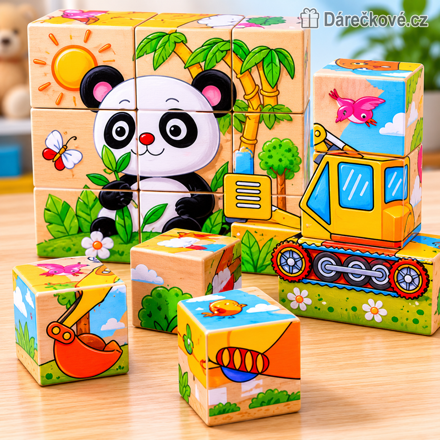 Dřevěné puzzle kostky 6 obrázků v jednom | Edukační skládací kostky pro děti