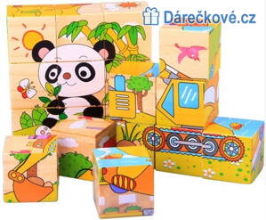 Dřevěné puzzle kostky s kreslenými obrázky