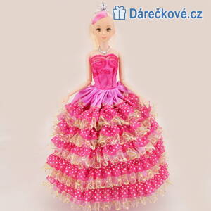 Krásná blonďatá panenka sytě růžovými šaty, 30cm