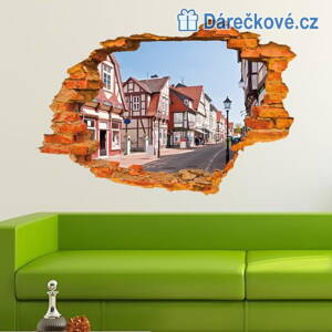 3D samolepka díra ve zdi s městem, 90x60 cm