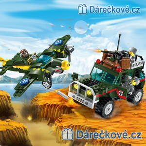 Vojenské německé vozidlo a americké letadlo, 241 dílků (stavebnice typu Lego)