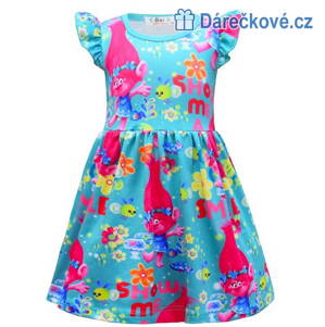Krásné barevné letní dívčí šaty s motivem Trolové (Trolls) – modré