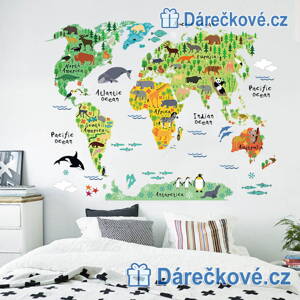 Mapa světa, samolepka na zeď, vel, 90x60 cm 