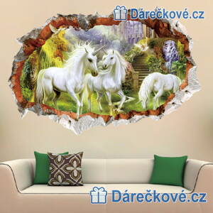 Jednorožci v rozbité zdi, samolepka na zeď, vel. 70x50cm