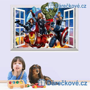 Avengers v okně, samolepka na zeď, vel. 70x50 cm