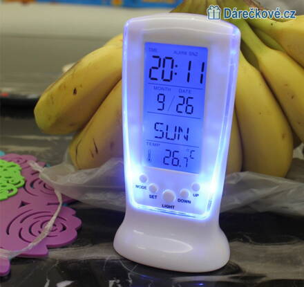 Stolní bílé digitální LED hodiny s budíkem