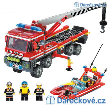 Hasičský jeřáb a člun, 417 dílků (stavebnice typu Lego)