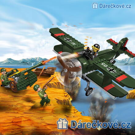 Vojenské letadlo a protiletadlové dělo, 187 dílků (stavebnice typu Lego)