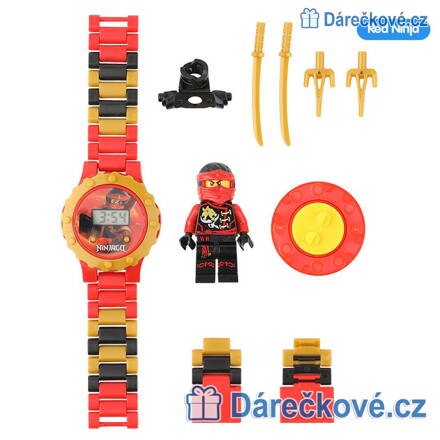 Červené Ninjago digitální dětské skládací hodinky s postavičkou typu Lego