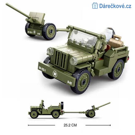 Vojenský americký Jeep s motorkou, 143 dílků (stavebnice typu Lego)