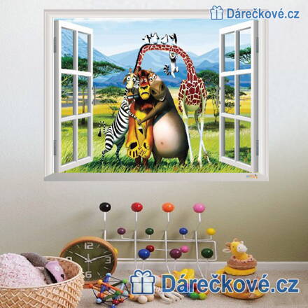 3D samolepka Madagaskar v  okně, 90x60 cm