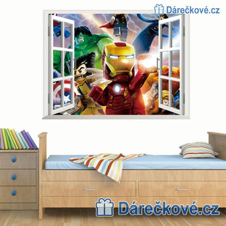Lego Avengers v okně, samolepka na zeď, vel. 70x50cm